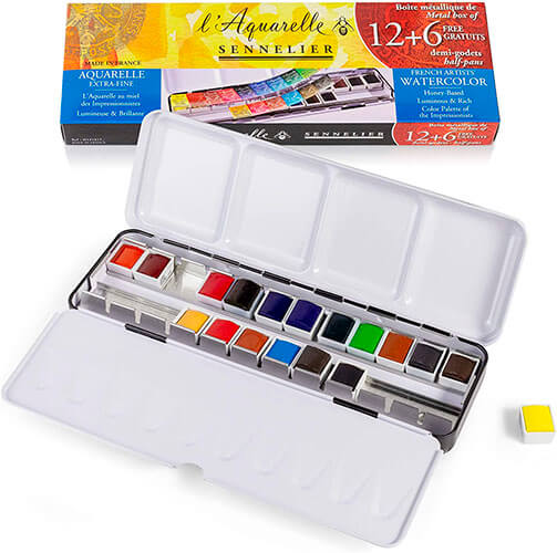 Sennelier L’Aquarelle French Honey based Watercolor Paint, Half Pan Set of 18